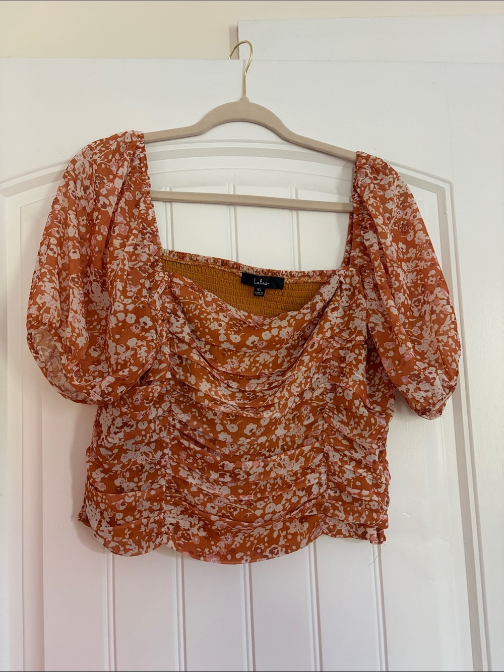 Lulu's Rust Orange Floral Puff-Sleeve Square Neck Blouse